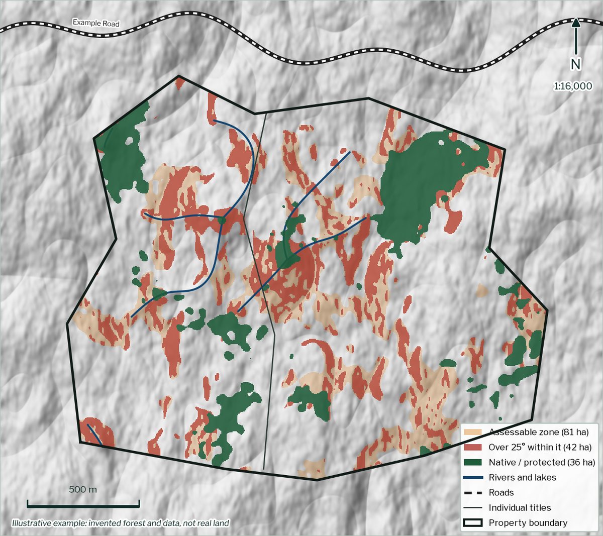Example slash mobilisation risk map: the assessable zone and the ground over 25 degrees inside it