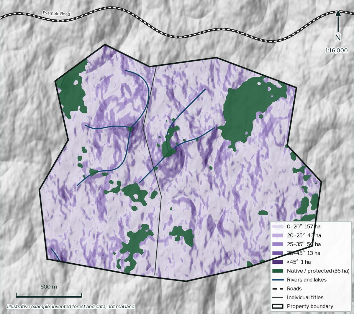 Example harvest terrain map: slope classes from gentle to steeper than 45 degrees in shades of violet